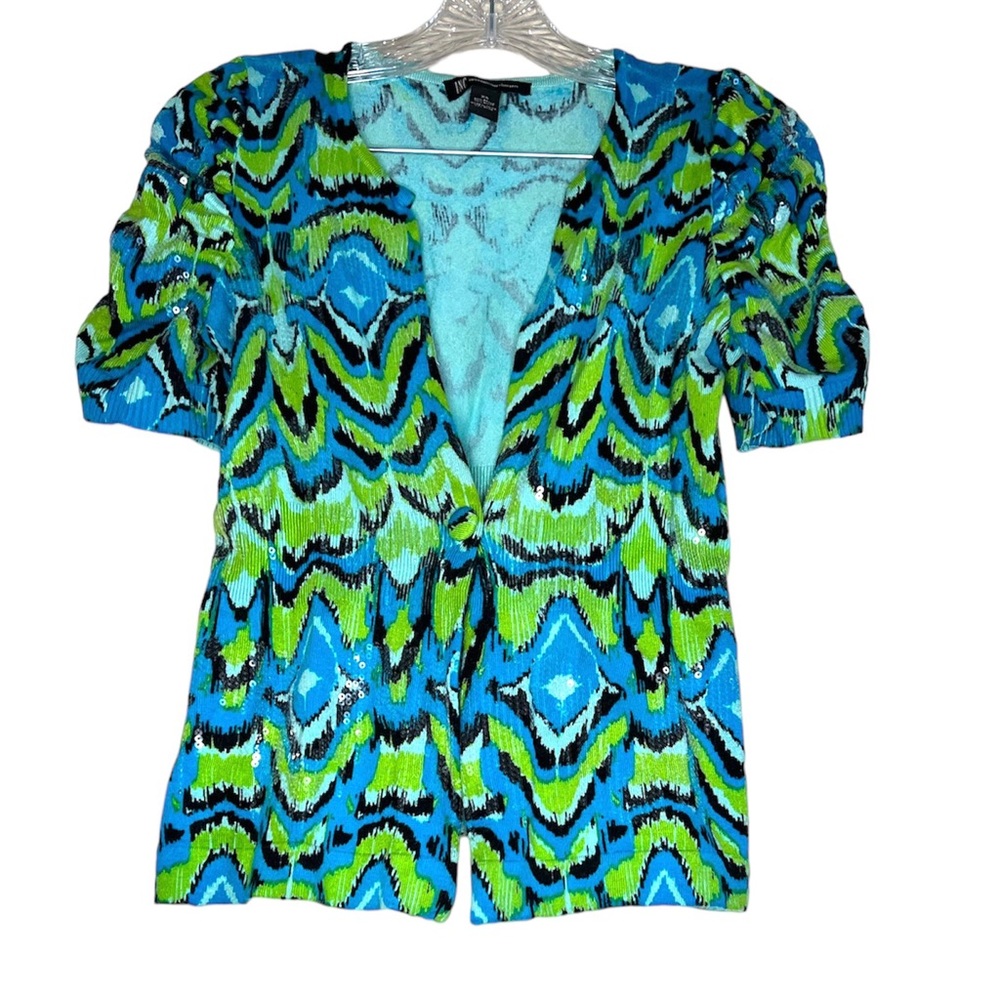 INC Sequined Cardigan/Sweater peplum style vibrant colors. Size XS